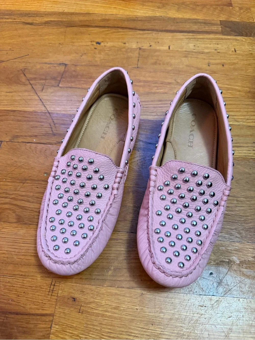 Coach Arlene Pink Leather Slip On Shoes with Silver Studs